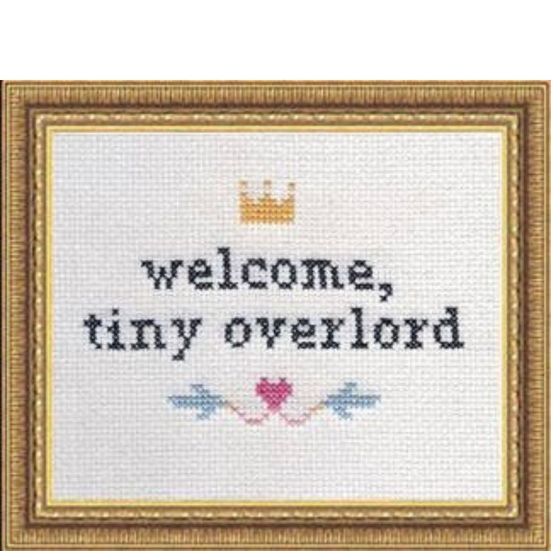 Cross-stitched text 'welcome, tiny overlord' with decorative elements in a gold frame.