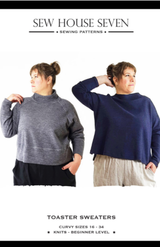 Promotional graphic for Sew House Seven sewing patterns, showing two women modeling toaster sweaters. The woman on the left wears a heather gray mock-neck sweater, and the woman on the right wears a navy blue mock-neck sweater.