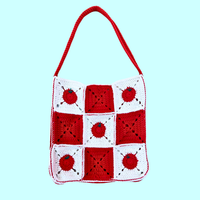 A handmade crocheted shoulder bag featuring a red and white checkerboard pattern with ladybug motifs, set against a solid light blue background.