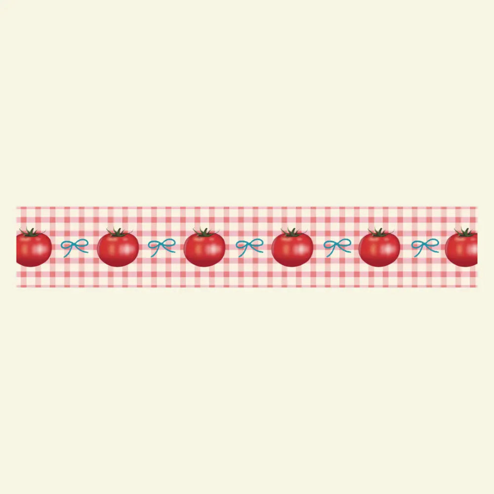 Decorative border with red tomatoes and checkered pattern on a beige background