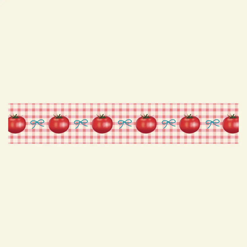 Decorative border with red tomatoes and checkered pattern on a beige background