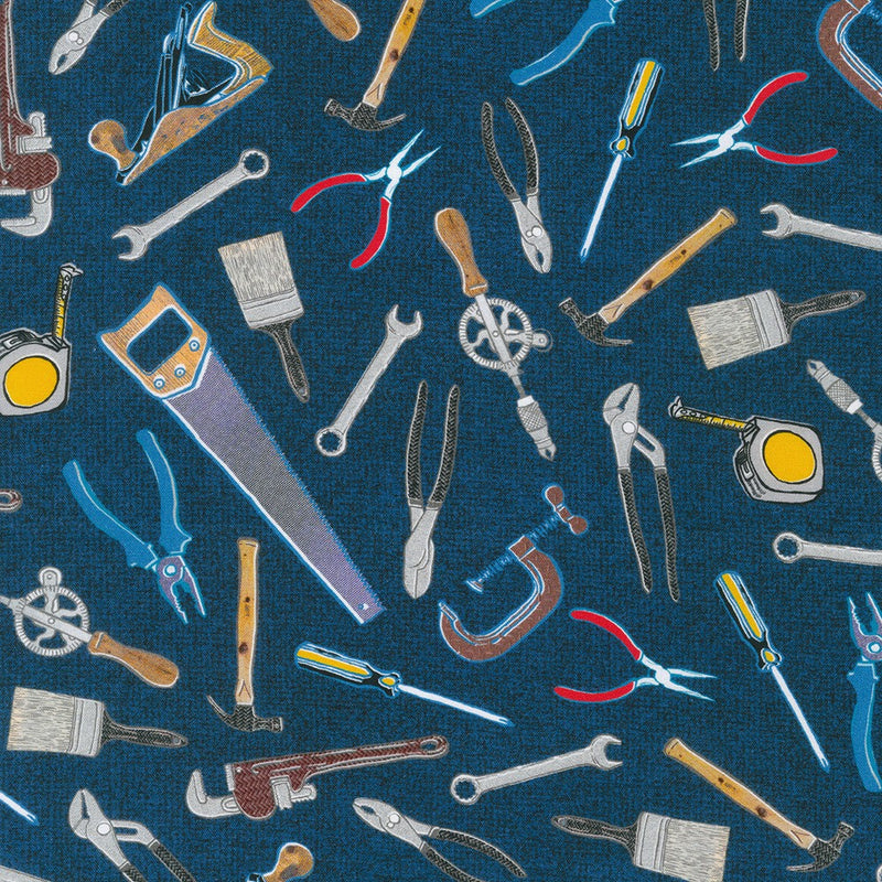 Pattern of various tools on a blue background