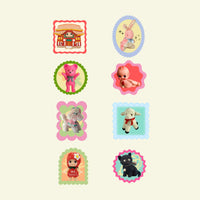 Set of colorful toy stickers on a beige background