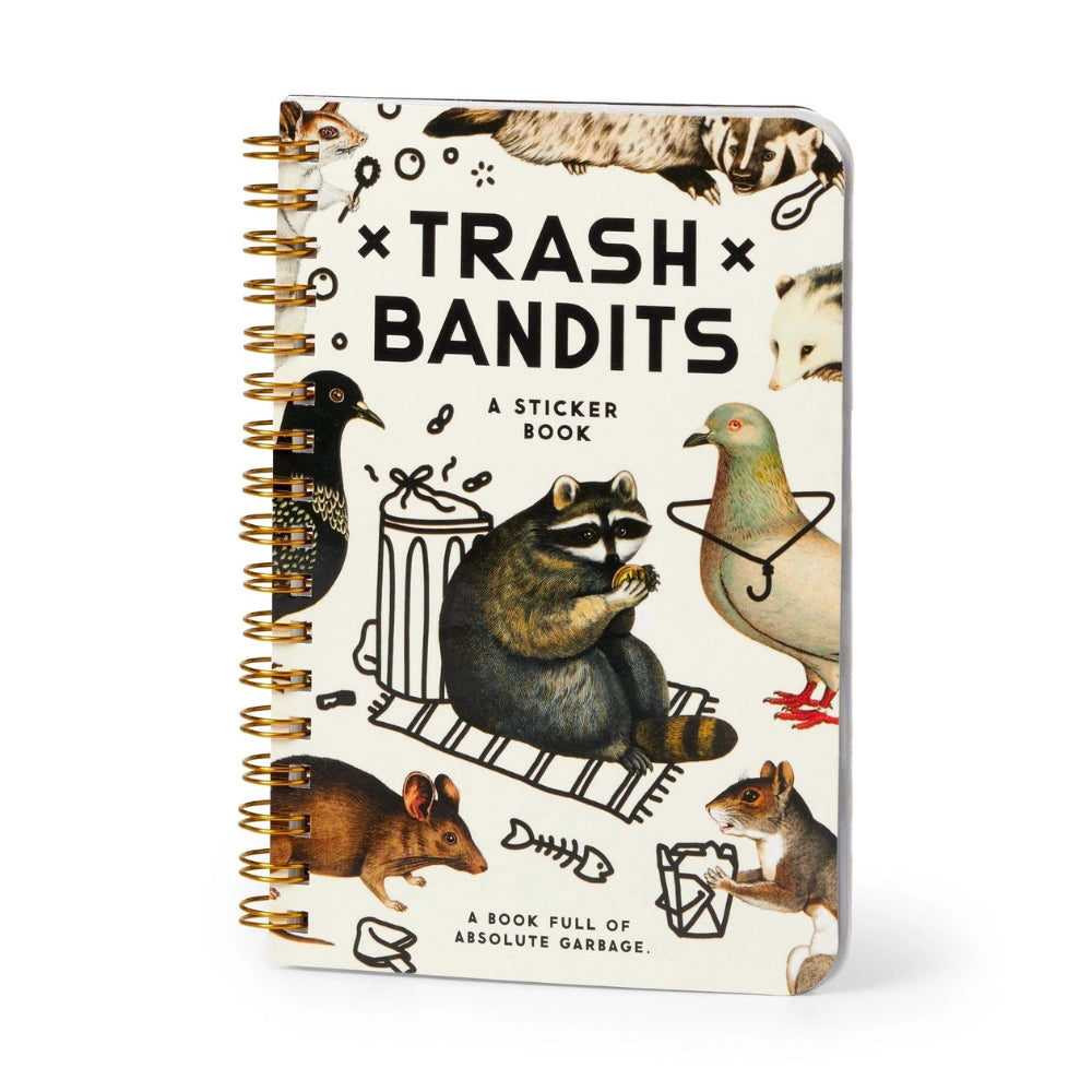 Sticker book cover with illustrations of animals and text 'Trash Bandits' on a white background