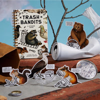Sticker book titled 'Trash Bandits' with animal stickers and on a city surface.