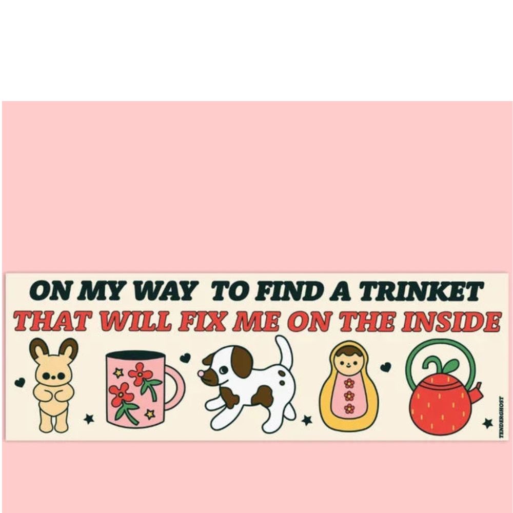 Cartoon illustrations with text "On my way to find a trinket that will fix me on the inside" on a pink background