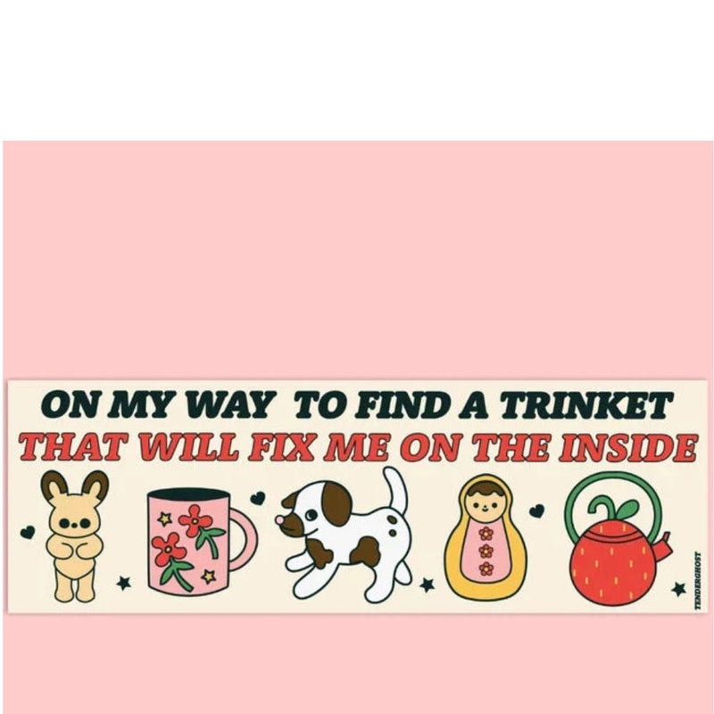 Cartoon illustrations with text "On my way to find a trinket that will fix me on the inside" on a pink background