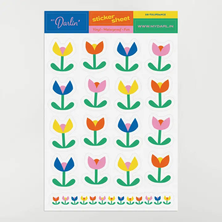 Sticker sheet with colorful tulip designs on a white background