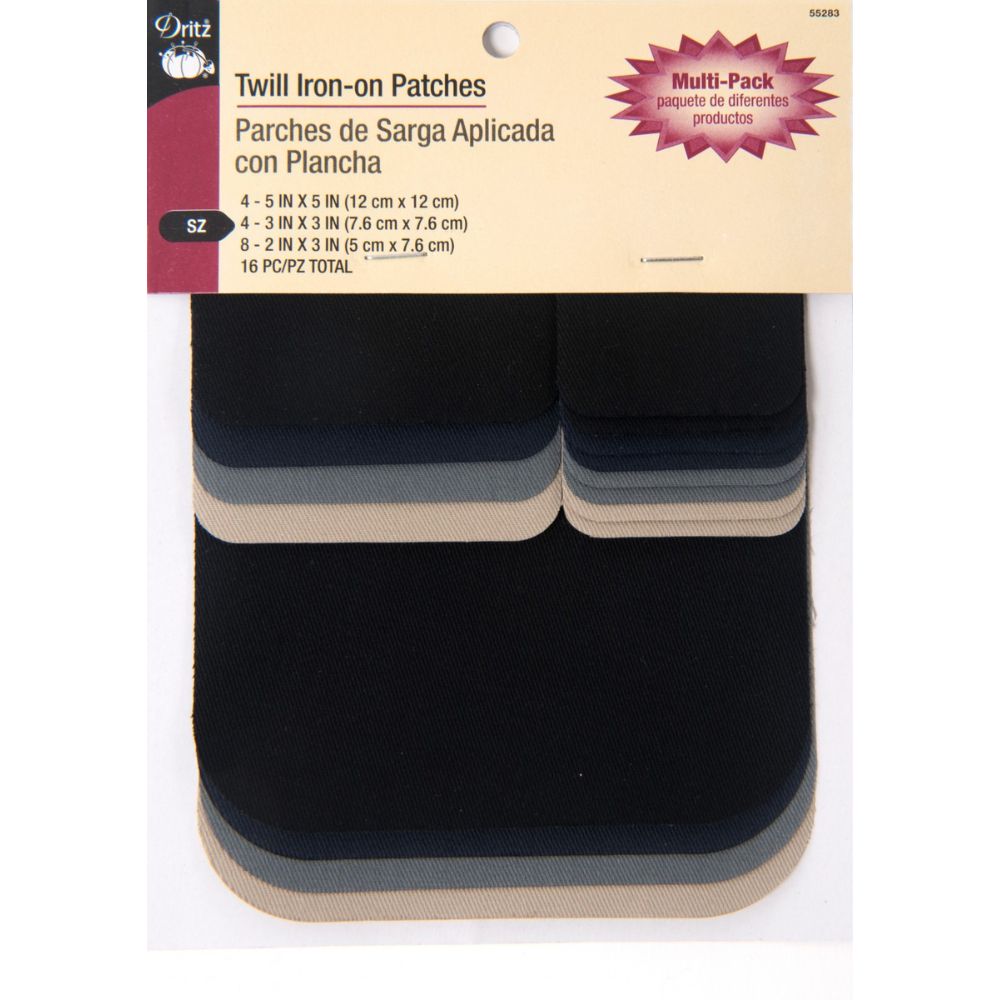 Pack of twill iron-on patches with a brand label on a white background