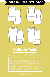 Four illustrations of different styles of tunics on a chartreuse background with Grainline Studio branding at the top and pattern information text at the bottom.