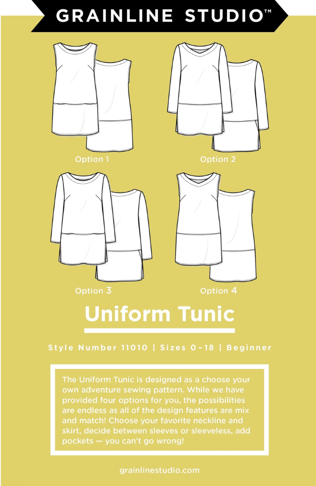 Four illustrations of different styles of tunics on a chartreuse background with Grainline Studio branding at the top and pattern information text at the bottom.