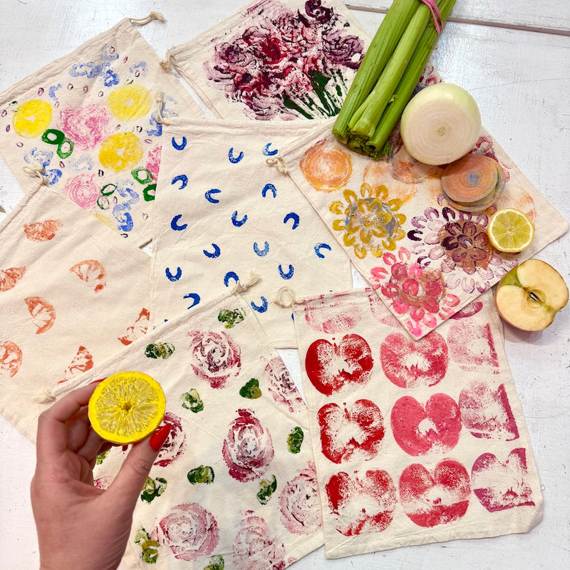 Set of project bags with floral and fruit prints