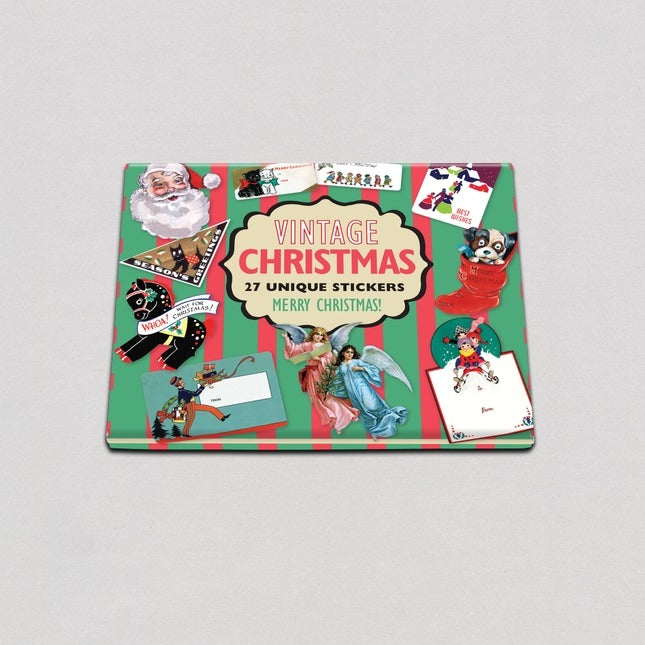Pack of vintage Christmas stickers with colorful design on green and red striped cover.