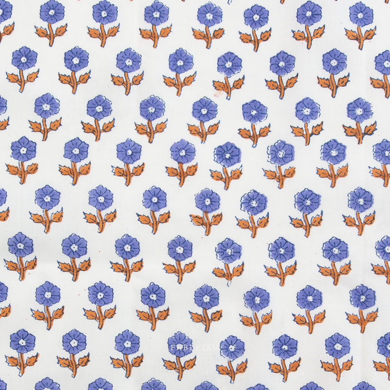 Pattern of blue purple flowers with brown stems on a white background