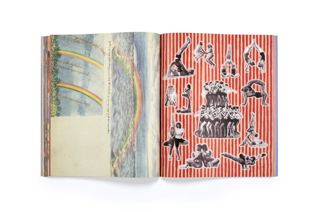 Open book with colorful illustrations on a white background