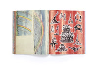 Open book with colorful illustrations on a white background