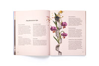 Open book with illustrated flowers and text on a white background
