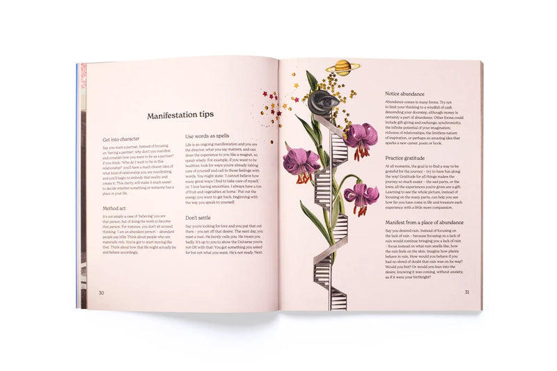 Open book with illustrated flowers and text on a white background