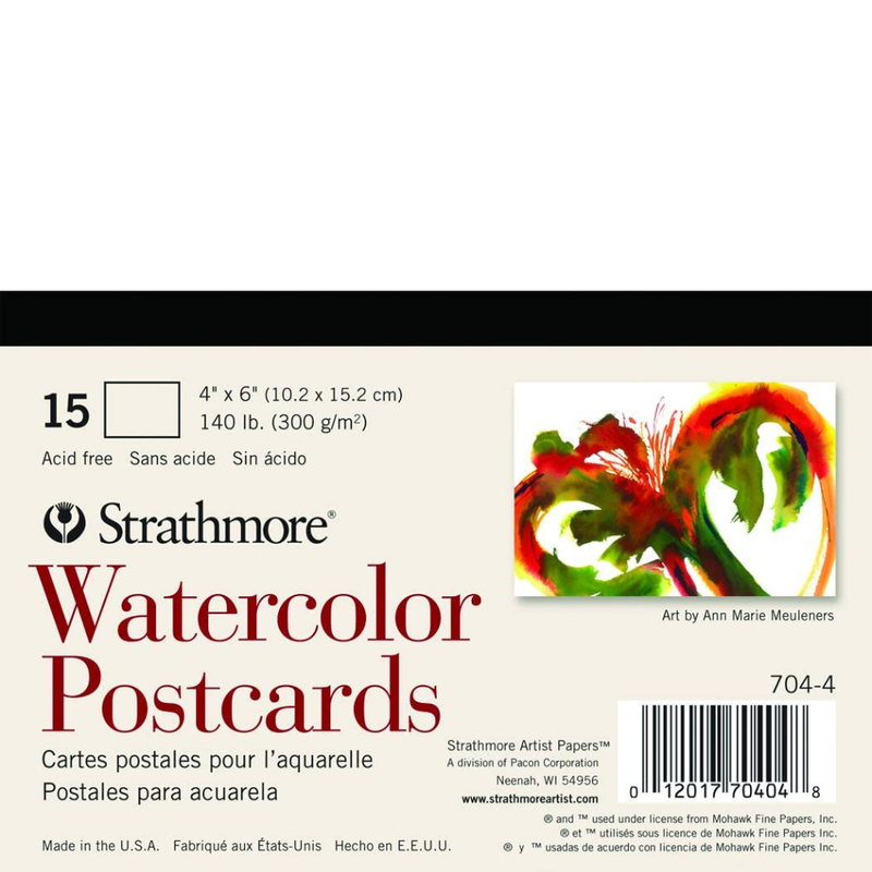 Front of a Strathmore Watercolor Postcards card pack, showing the cream-colored card back with printed text, a small sample artwork, barcode, and product code.