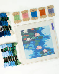Needlepoint kit supplies including a canvas and skeins of thread on a white background
