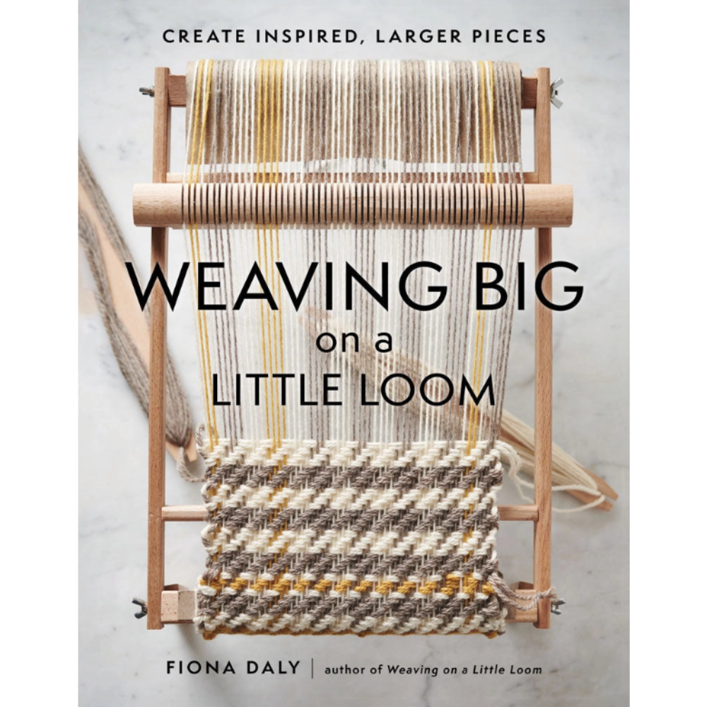 The book cover of 'Weaving Big on a Little Loom', featuring a photo of a weaving loom with natural colored yarn