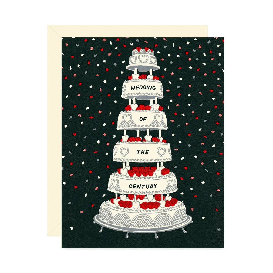 Card with a wedding cake illustration on a black background with red and white dots.