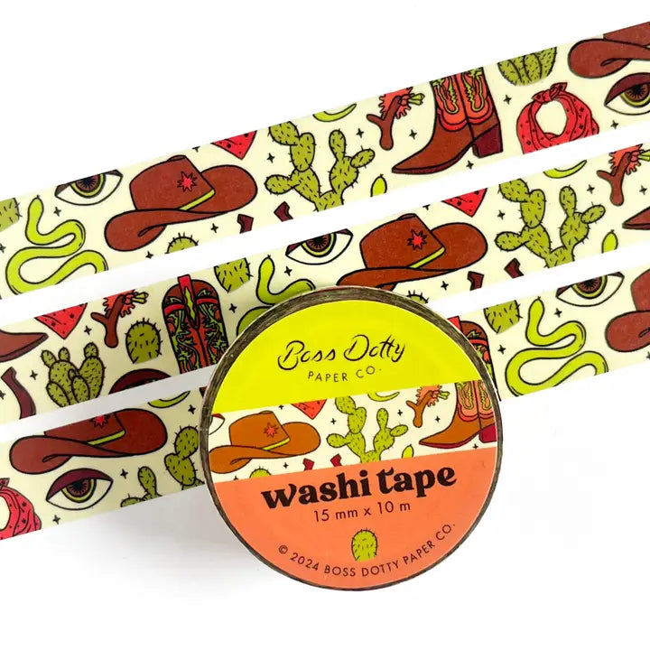 Washi tape with cowboy design and Boss Dotty Paper Co. branding