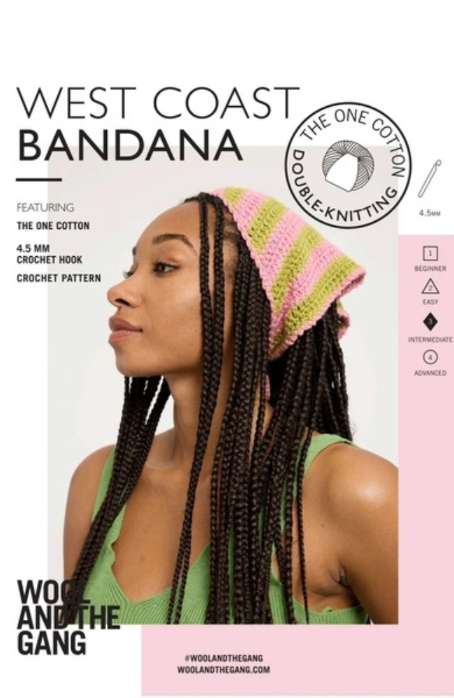 Promotional graphic for a crochet pattern titled 'West Coast Bandana' by Wool and the Gang. The design features a woman with long black box braids wearing a pink and green striped crocheted bandana, set against a split white and light pink background with product details and branding.