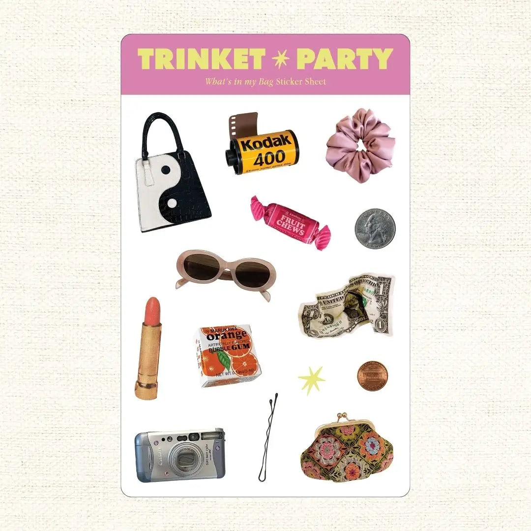 Sticker sheet titled "Trinket Party" with various images on a beige background.