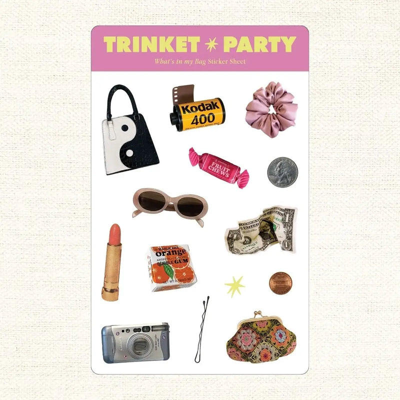 Sticker sheet titled "Trinket Party" with various images on a beige background.