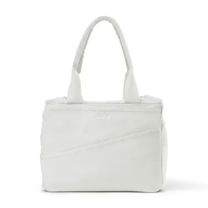 White handbag with Soolia logo on a white background