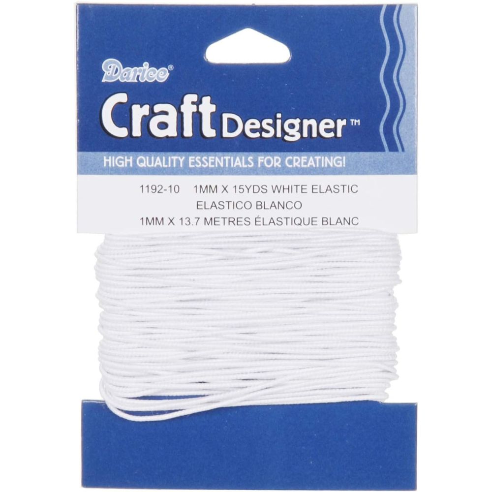 White elastic thread in a Darice Craft Designer packaging on a white background