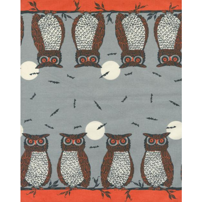 Patterned fabric with owls and bats on a gray background