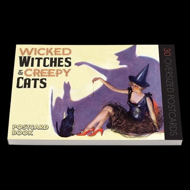 Postcard book cover titled 'Wicked Witches & Creepy Cats' with a witch and cat illustration.