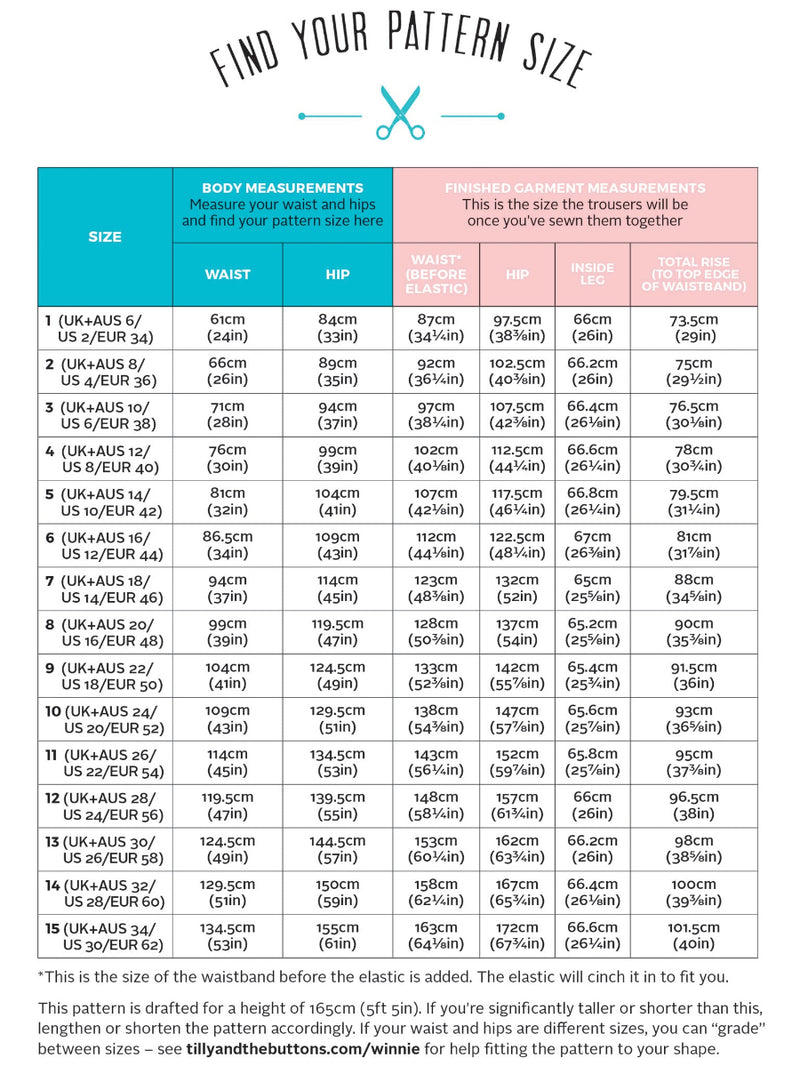 Pattern size chart for trousers with measurements and grading system.