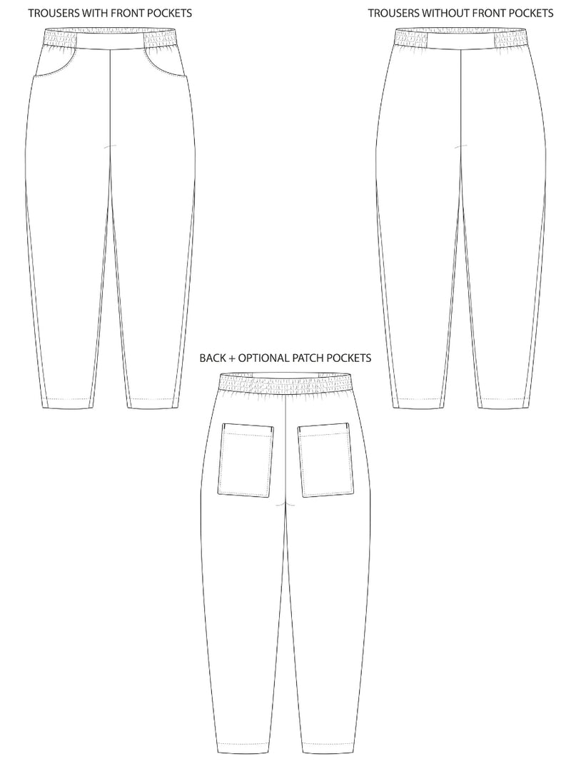 Technical drawing of trousers with and without front pockets on a white background