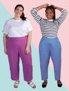 Two women wearing different outfits on a colorful background
