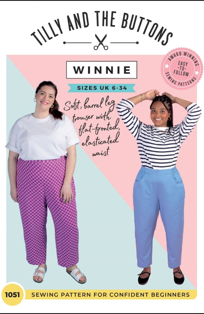Two models in pink and blue Winnie barrel pants on a pink, blue, and white background with Tilly and the Buttons branding and text.