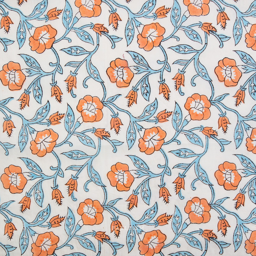Pattern of orange flowers and blue leaves on a white background