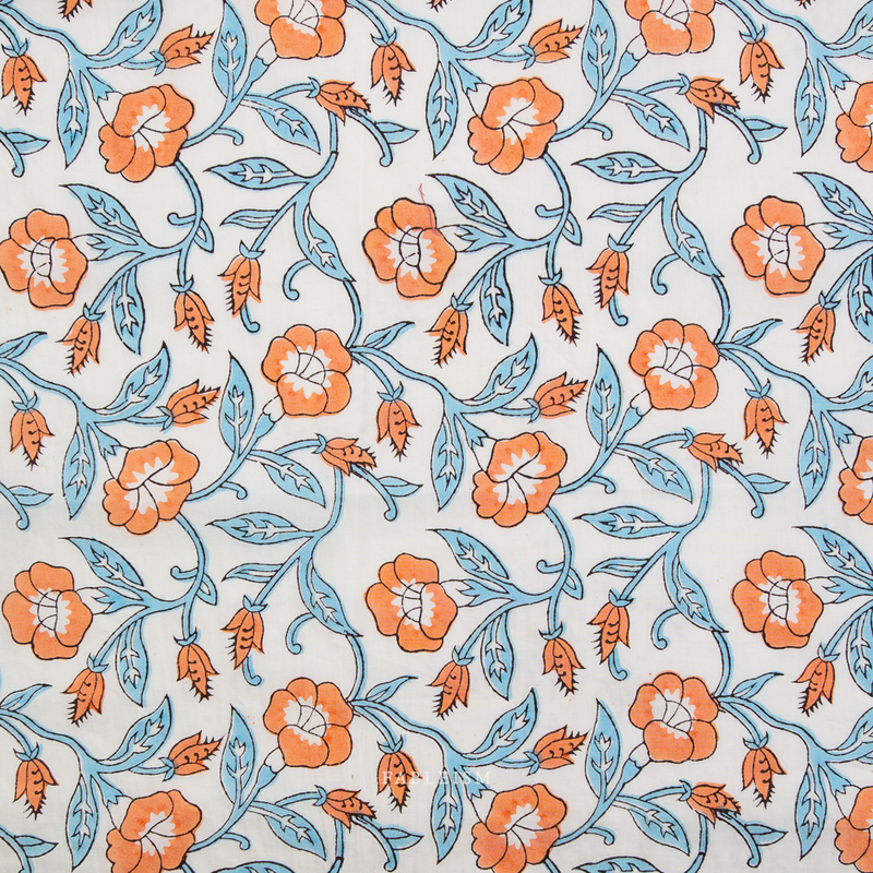 Pattern of orange flowers and blue leaves on a white background