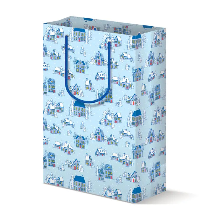 Gift bag with a blue house pattern on a white background