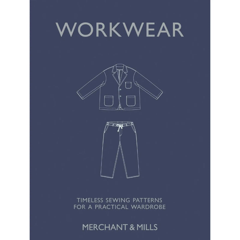 Book cover of 'Workwear' by Merchant & Mills with line drawing of work jacket and pants on a blue background.