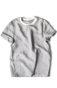 Gray and white striped t-shirt with pocket, rolled sleeves, and a white ribbed collar on a white background.