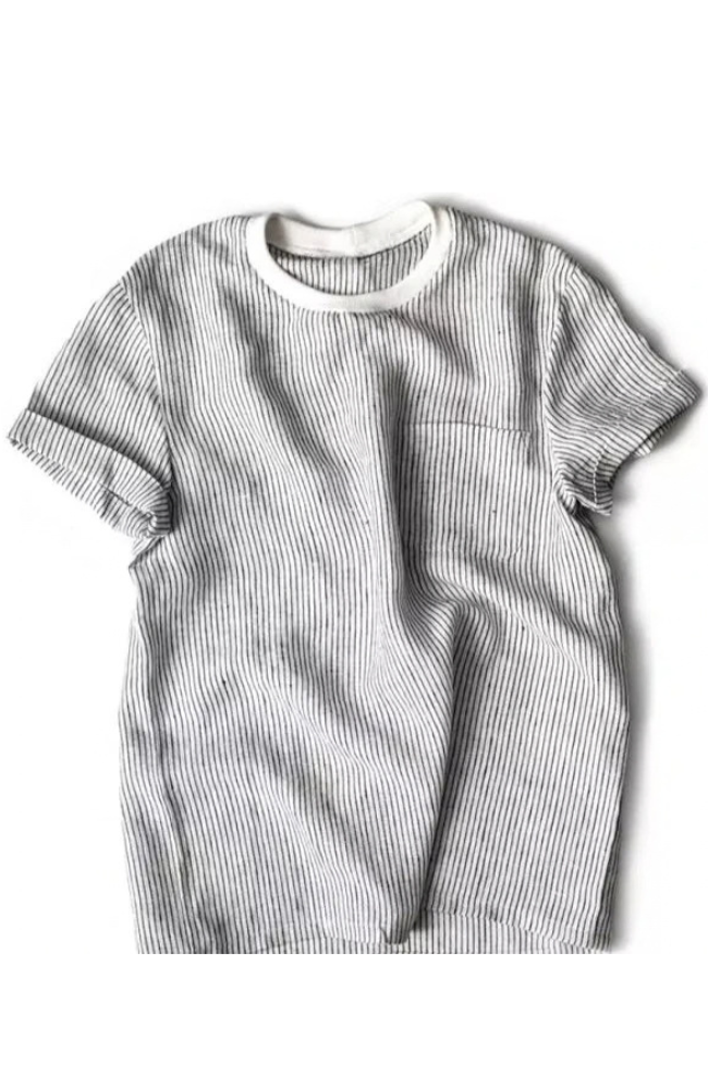 Gray and white striped t-shirt with pocket, rolled sleeves, and a white ribbed collar on a white background.
