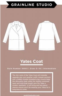Line drawing of a coat's front and back on a brown background with Grainline Studio branding and Yates Coat pattern description.