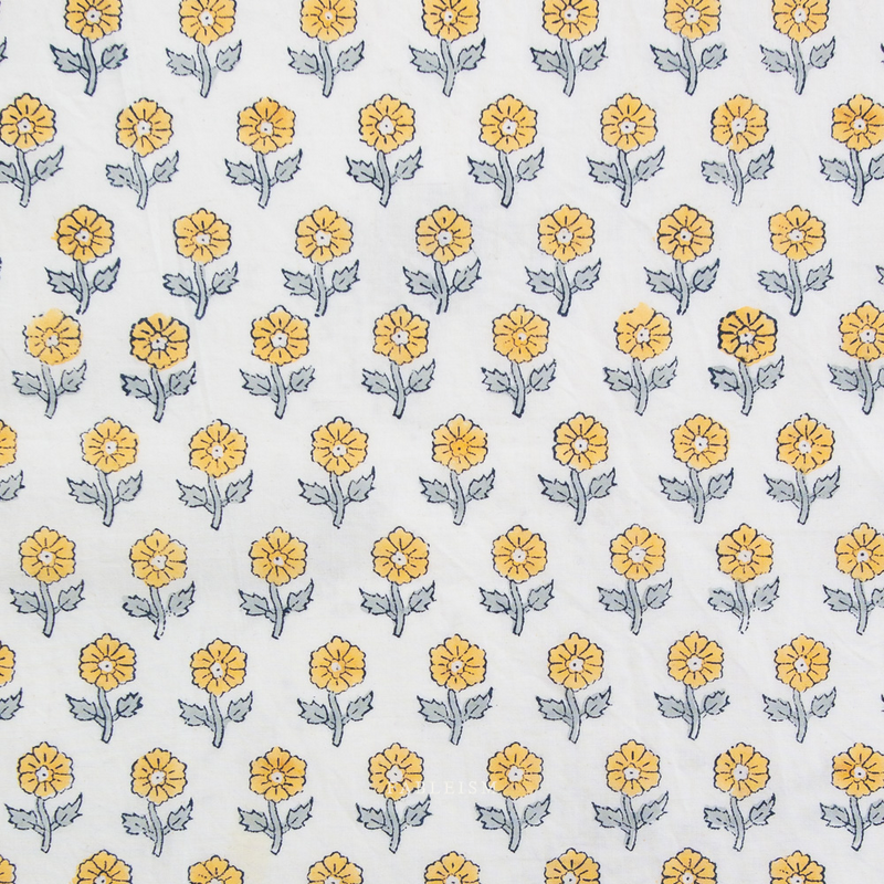 Pattern of yellow flowers with green stems on a white background