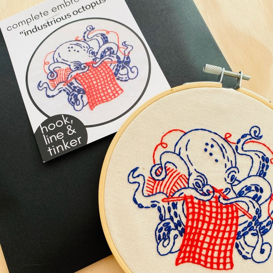 Industrious Octopus Embroidery Kit Kit Hook, Line & Tinker