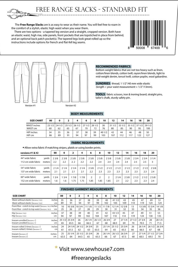 Free Range Slacks Pattern (Sizes 00-20) Pattern Sew House Seven