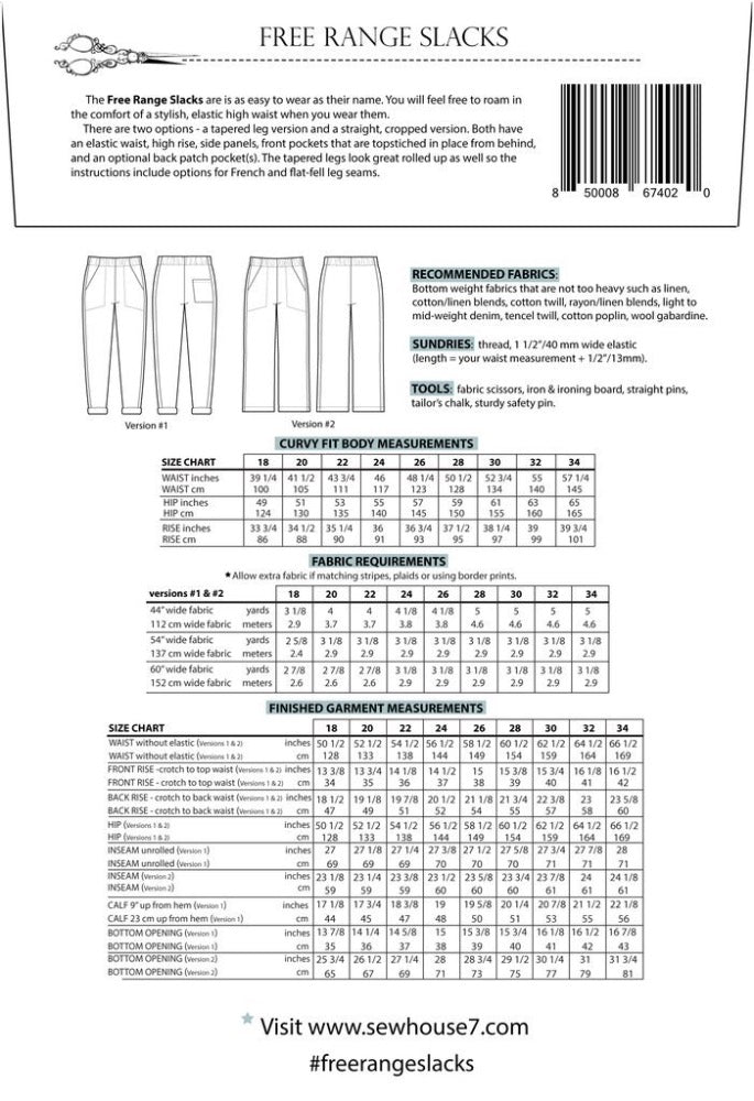 Free Range Slacks Pattern (Sizes 18-34) Pattern Sew House Seven