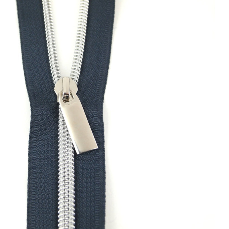 Navy #5 Nylon Coil Zipper: 3 yds with 9 pulls Notions Brooklyn Craft Company Nickel